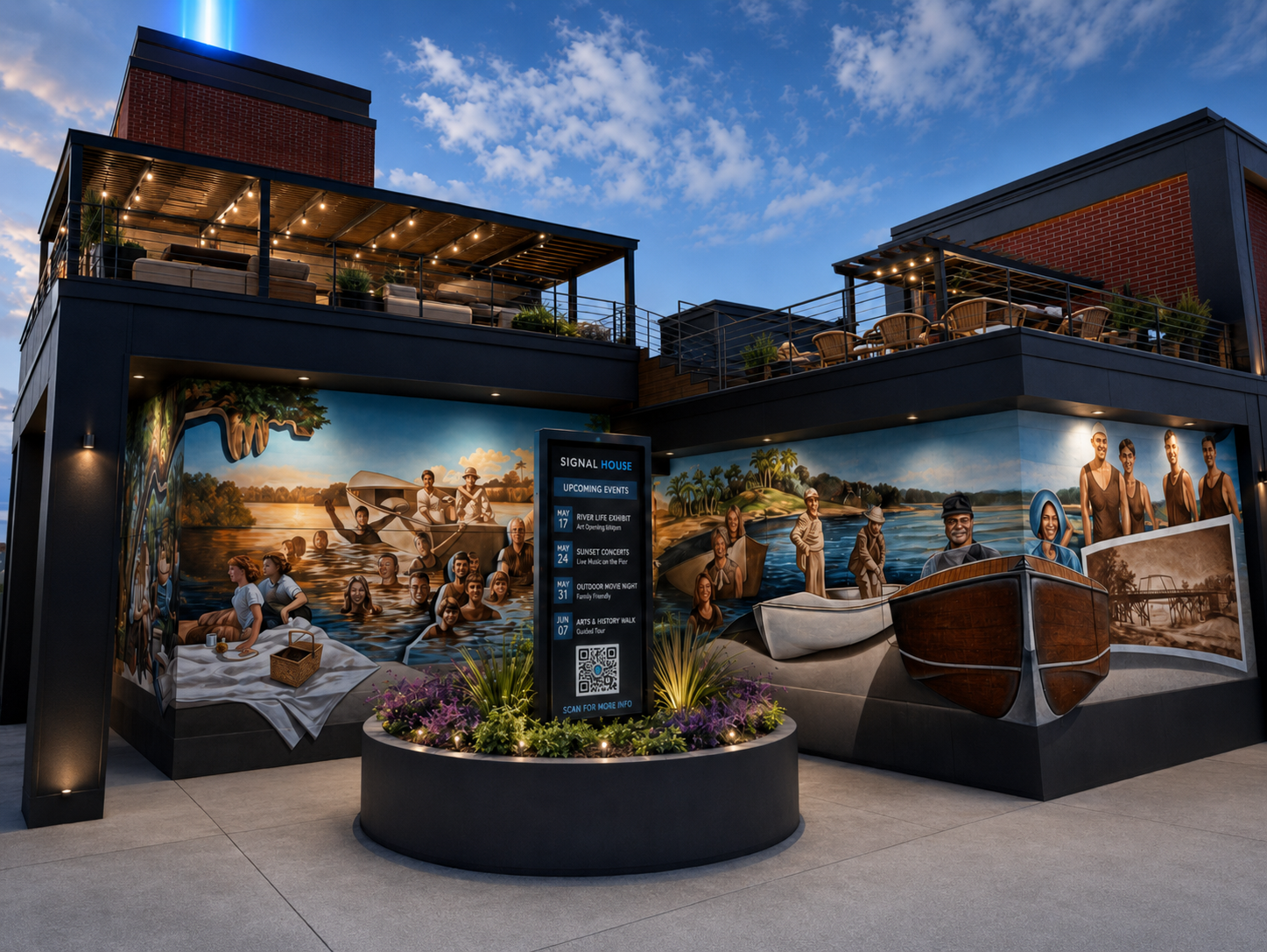 Daytime concept rendering of the Bank Street and Main Street corner of Signal House with mural walls, central planter, rooftop lounge, and event sign.