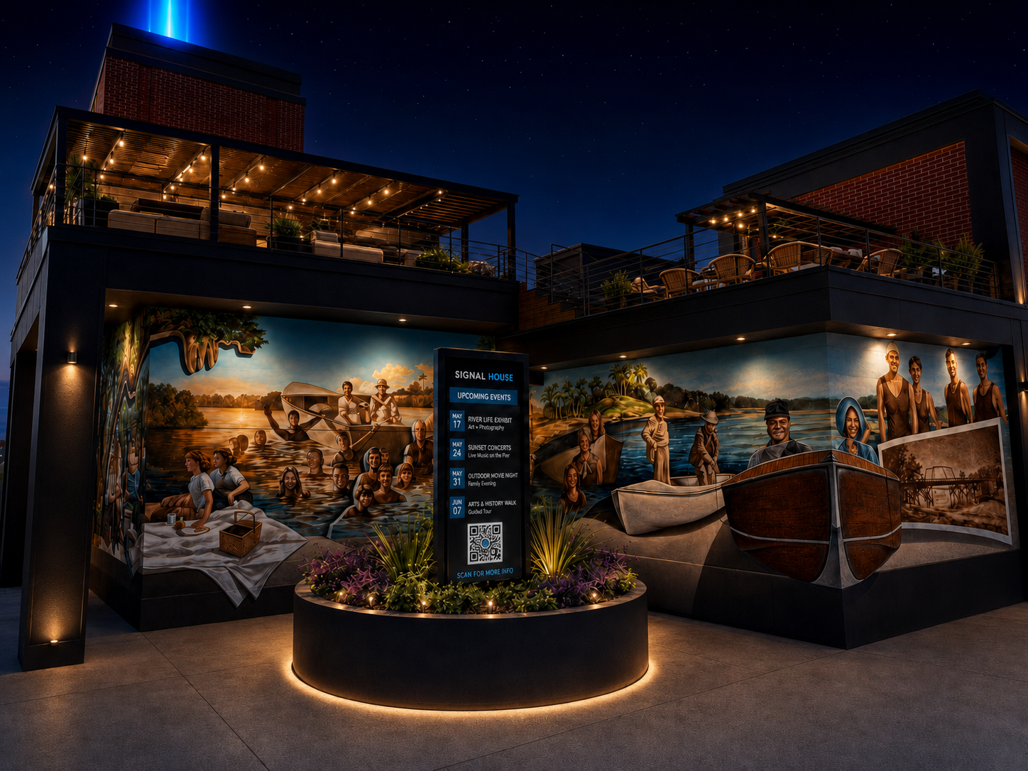 Night concept rendering of the Bank Street and Main Street corner of Signal House with illuminated murals, central planter, rooftop lounge, and blue signal light.