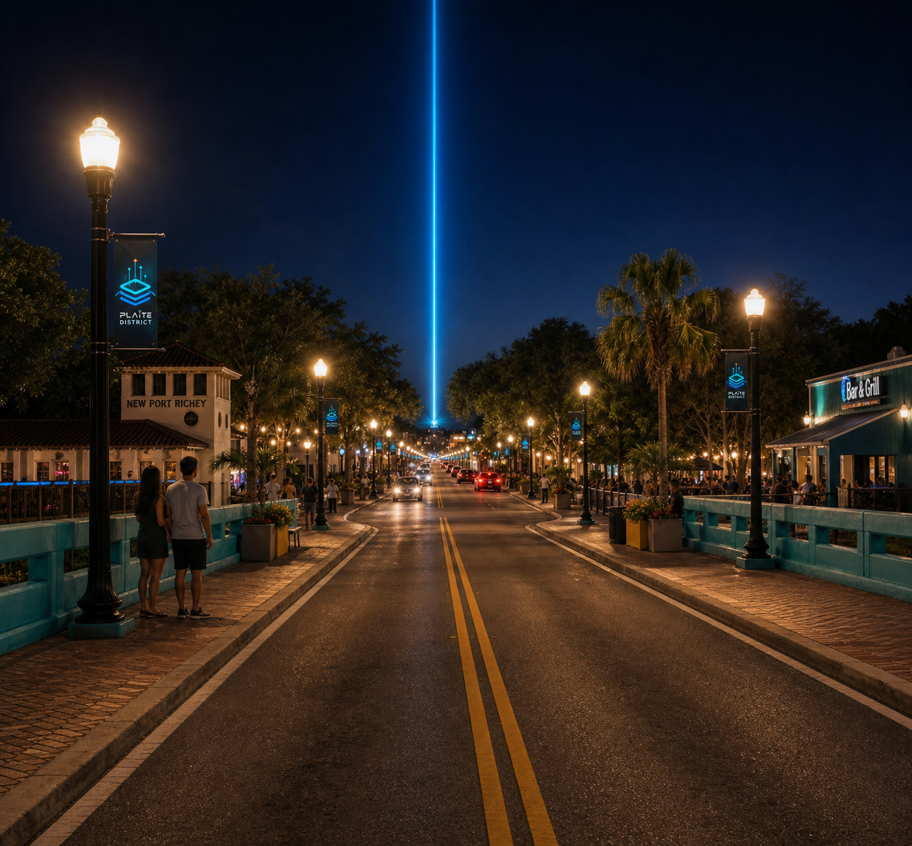 Nighttime bridge view showing a blue Signal House beacon visible down the street.