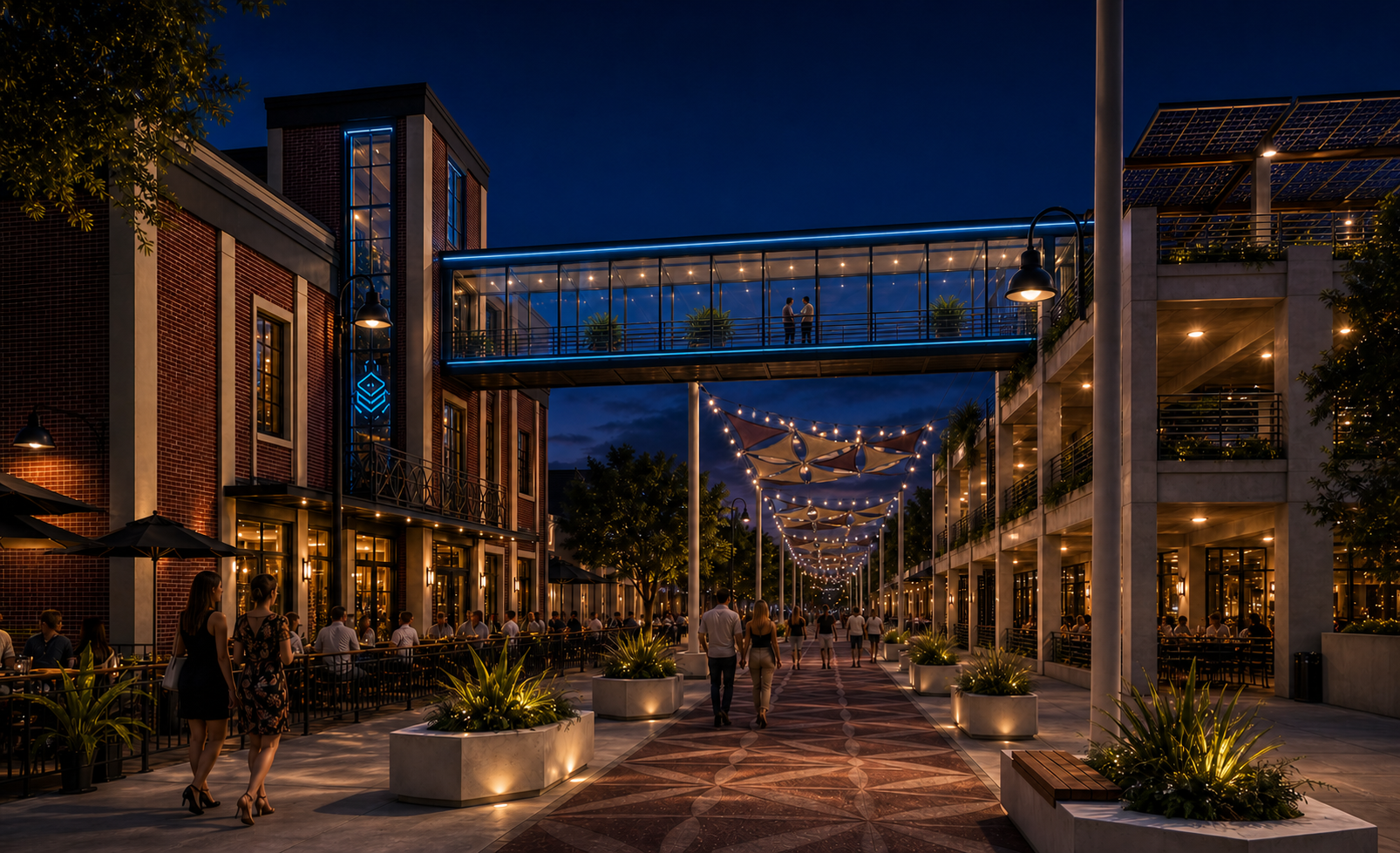 Nighttime concept of the Signal House skyway connecting the building to a parking deck and public corridor.