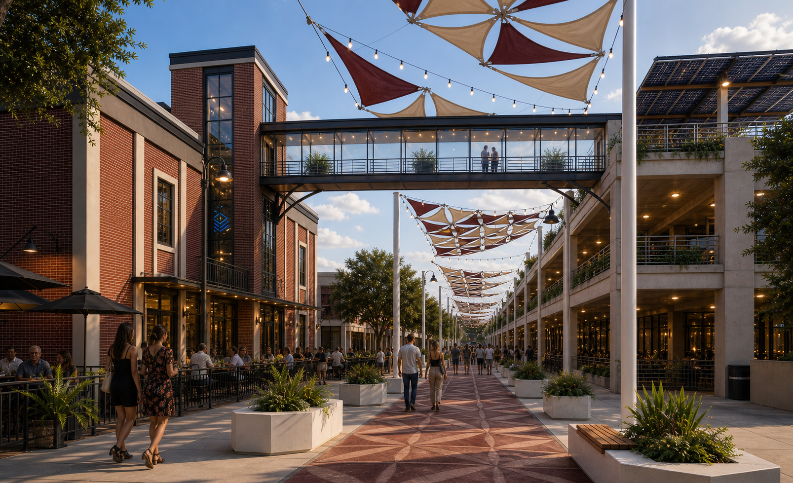 Daytime concept of the Signal House skyway crossing toward a parking structure with shade sails and solar canopy language.