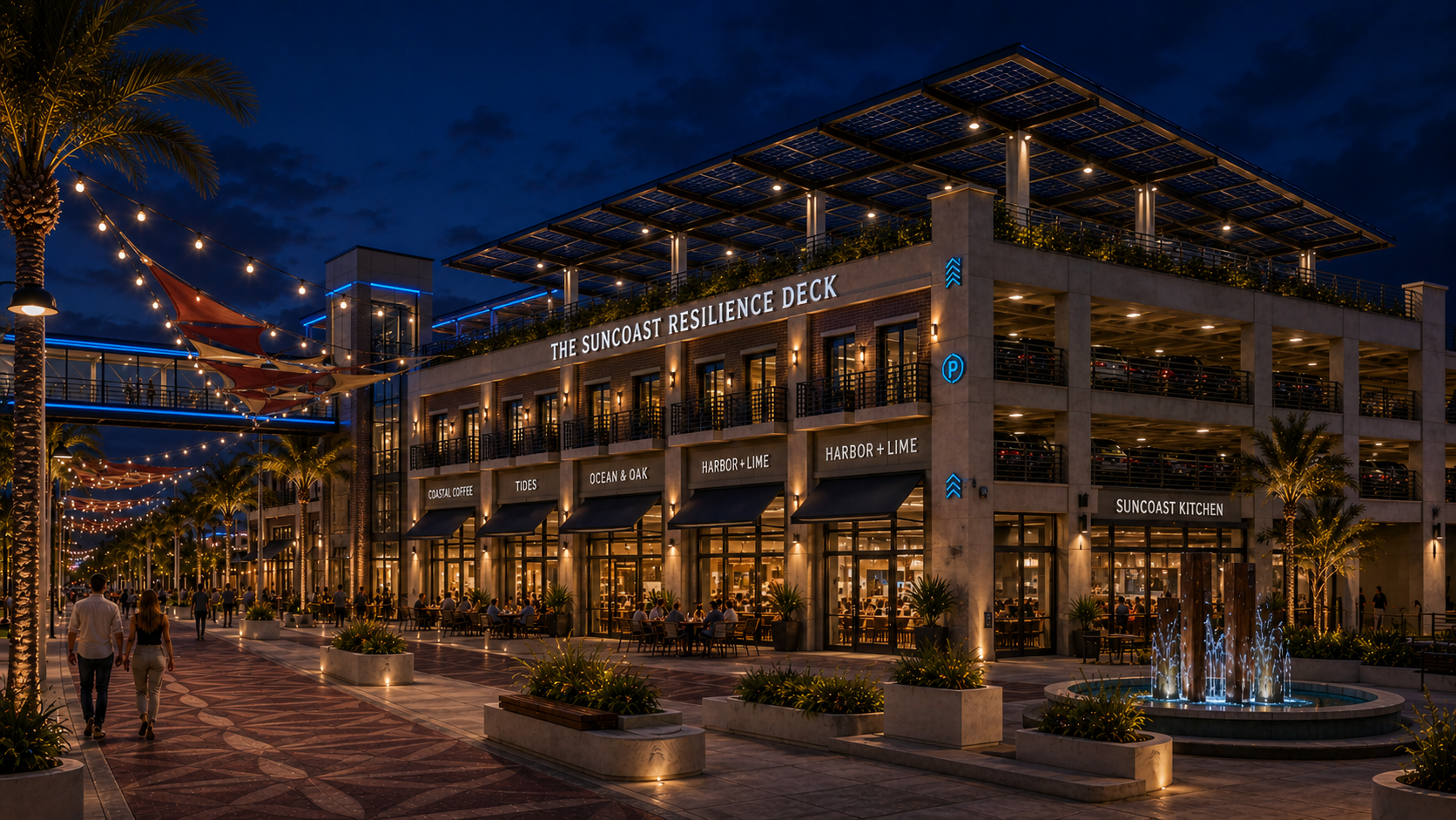 Night concept of the Suncoast Resilience Deck with solar canopy, retail frontage, and a skyway connection.