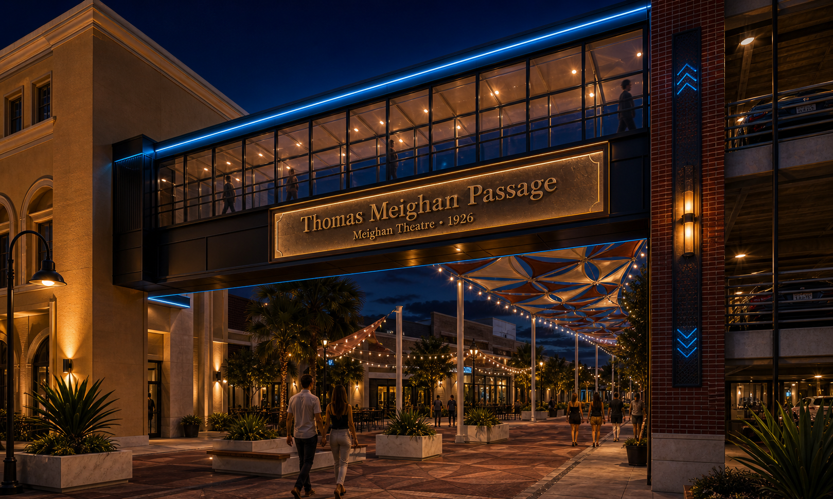Close-up concept of a glass theater-side skyway with a Thomas Meighan Passage dedication panel.