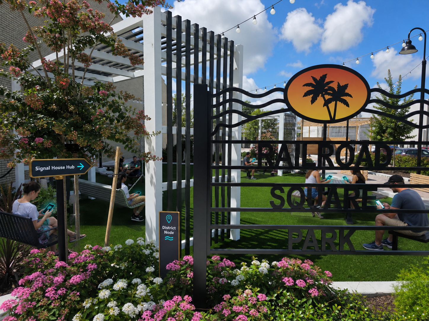 Daytime concept rendering of Railroad Square Park as a PLAiTE district node.