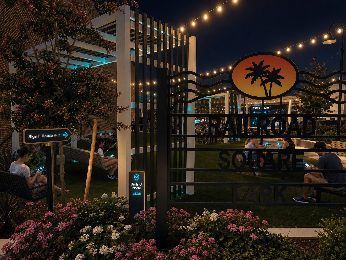 Nighttime concept rendering of Railroad Square Park as a PLAiTE node with phones, lights, and wayfinding.