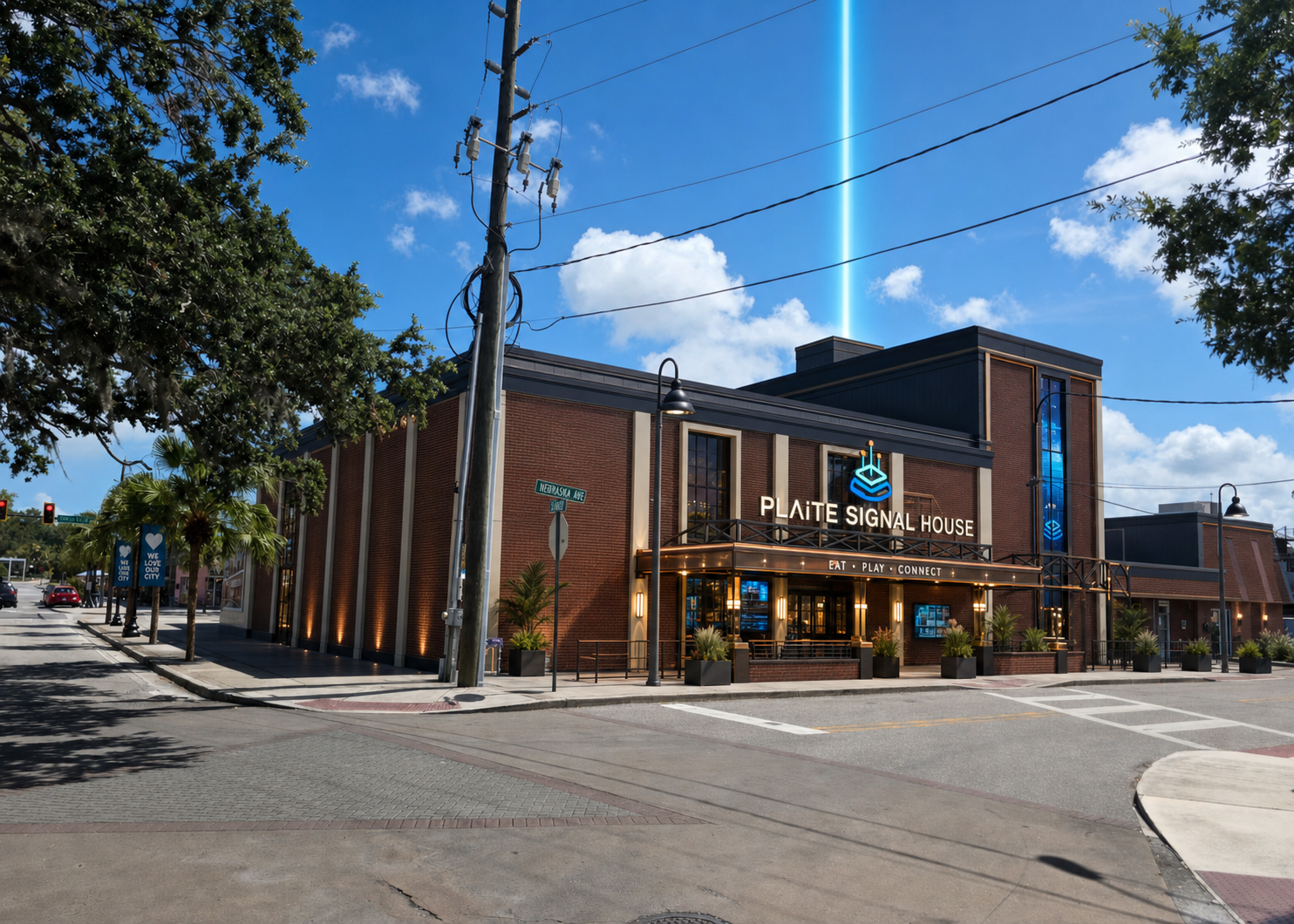 Daytime concept rendering of 5640 Main Street as PLAiTE Signal House with a blue signal beam.