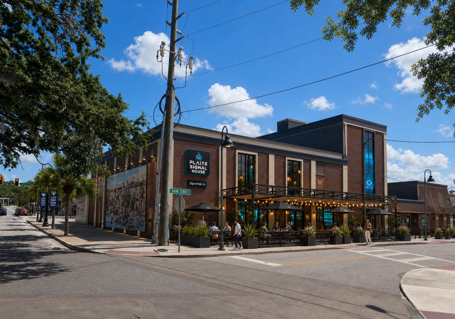 Daytime concept rendering of the Signal Patio street-corner experience.