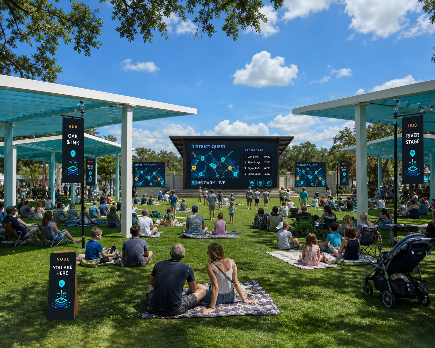 Daytime concept rendering of Sims Park lawn with a PLAiTE district game on the stage screen.