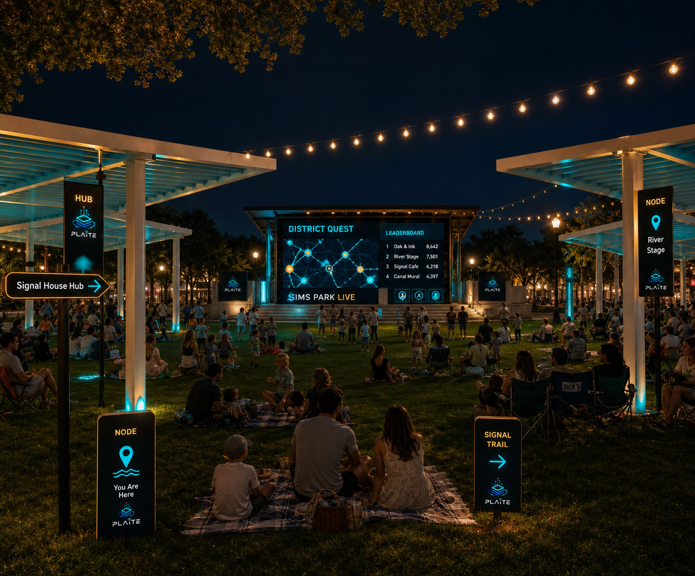 Nighttime concept rendering of Sims Park with families watching a PLAiTE district game on a large screen.
