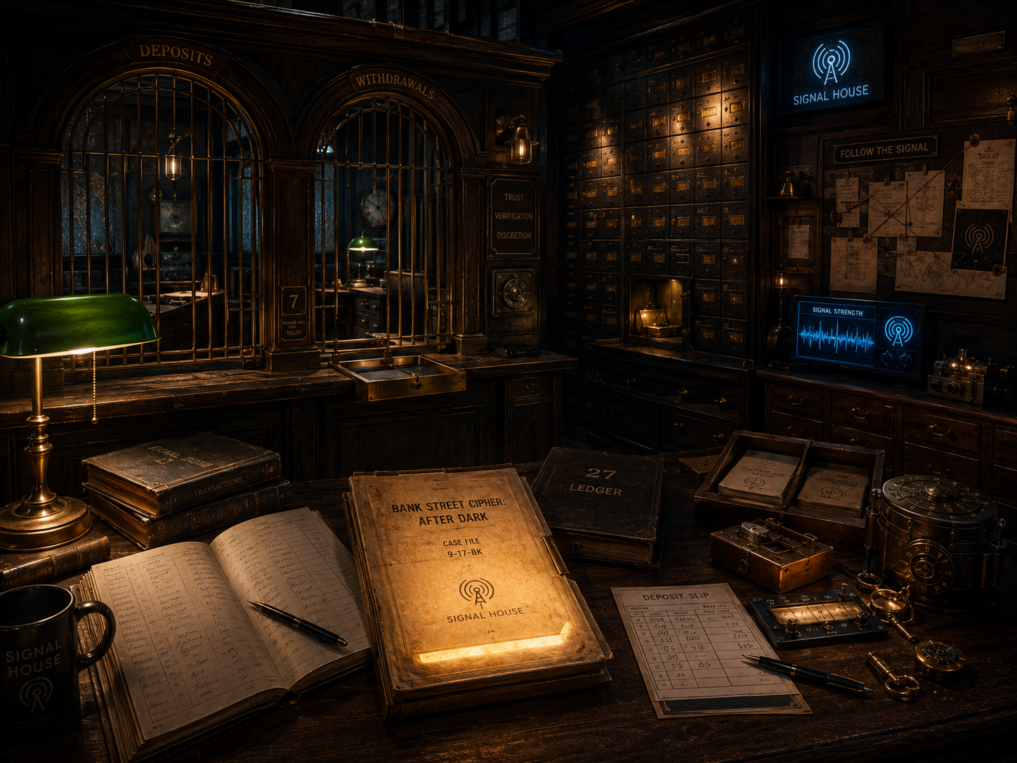 A dark after-hours bank room with teller cages, ledgers, a signal monitor, and an illuminated case file.