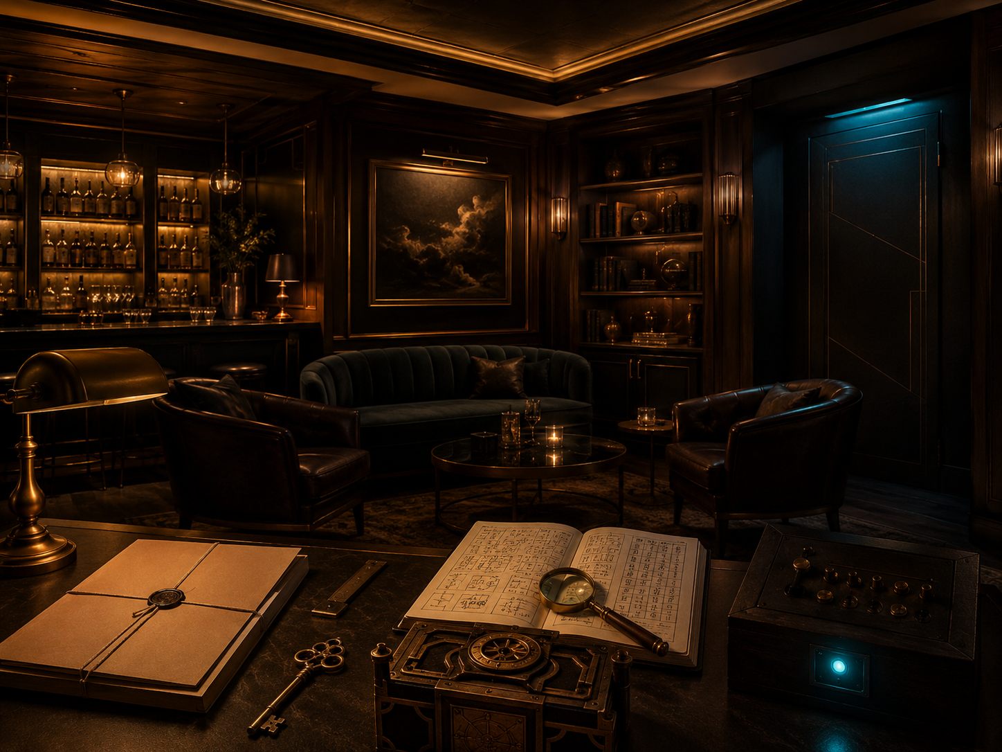 A dark upscale lounge with leather seating, a bar, puzzle objects, and a blue-lit hidden door.