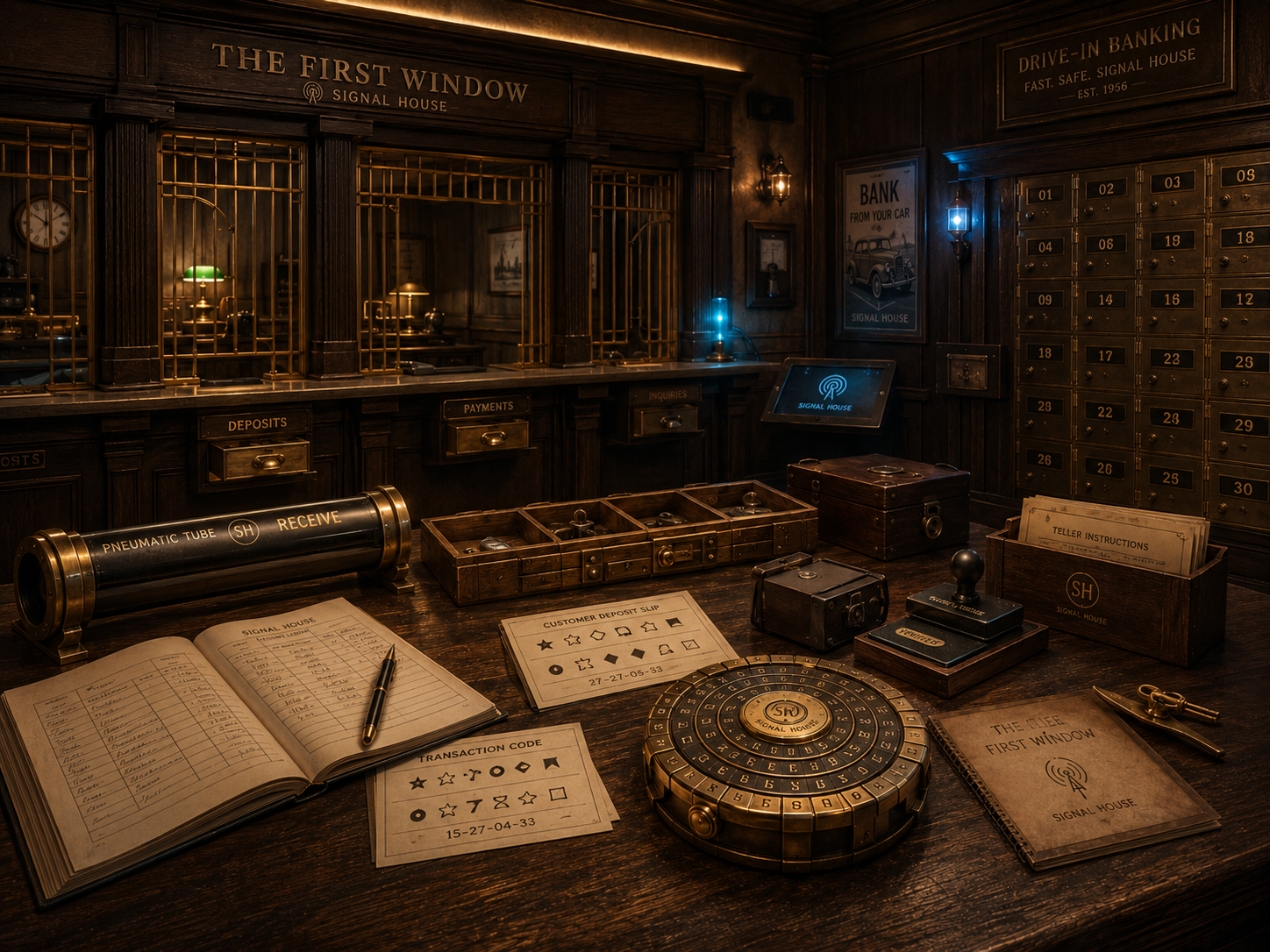 A teller-window inspired room with brass gates, pneumatic tube props, deposit slips, and a Signal House screen.