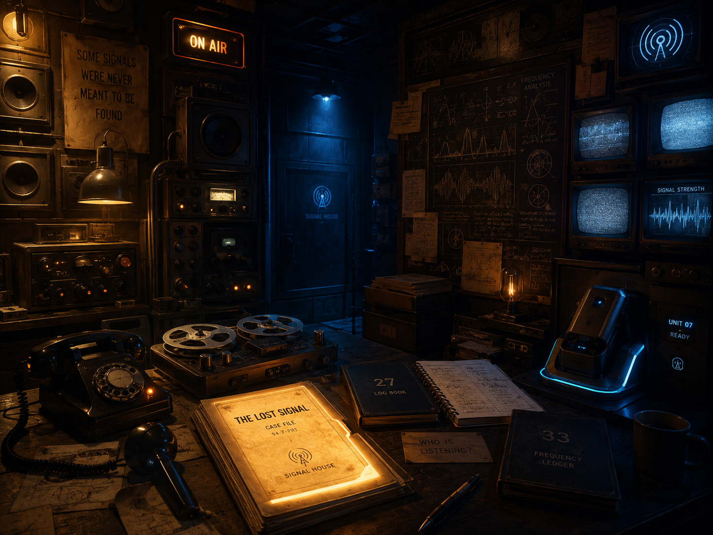 Concept rendering of The Lost Signal room with radio equipment, reel machines, monitors, phones and a glowing on-air sign.