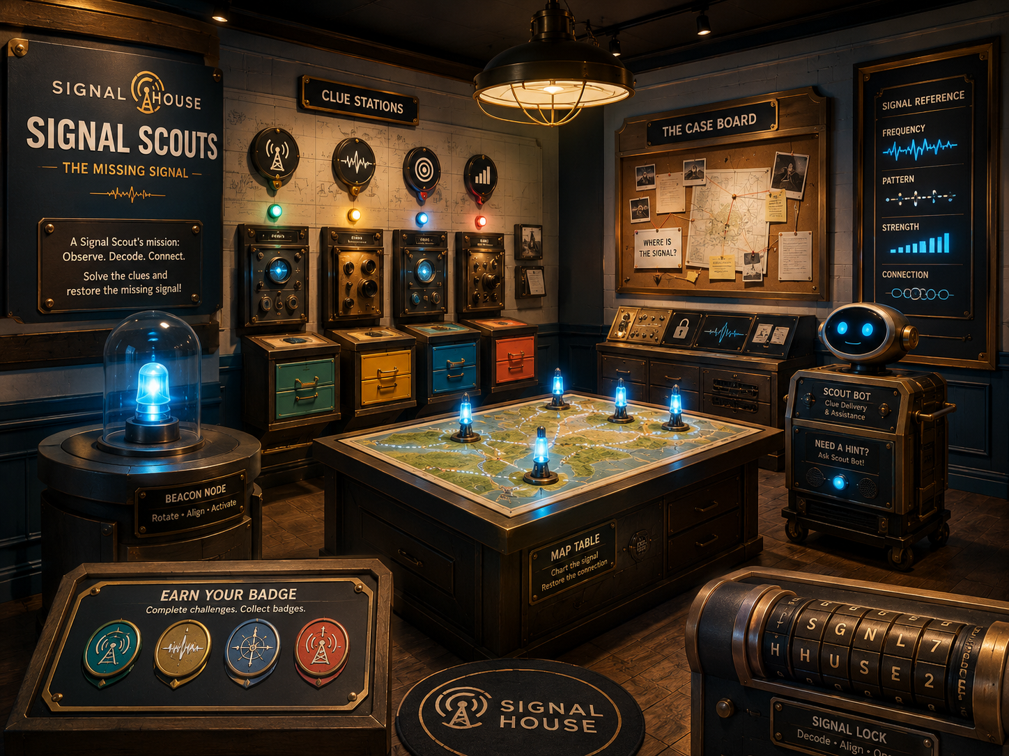Concept rendering of a bright Signal Scouts room with a map table, clue stations, badge displays and a friendly helper screen.