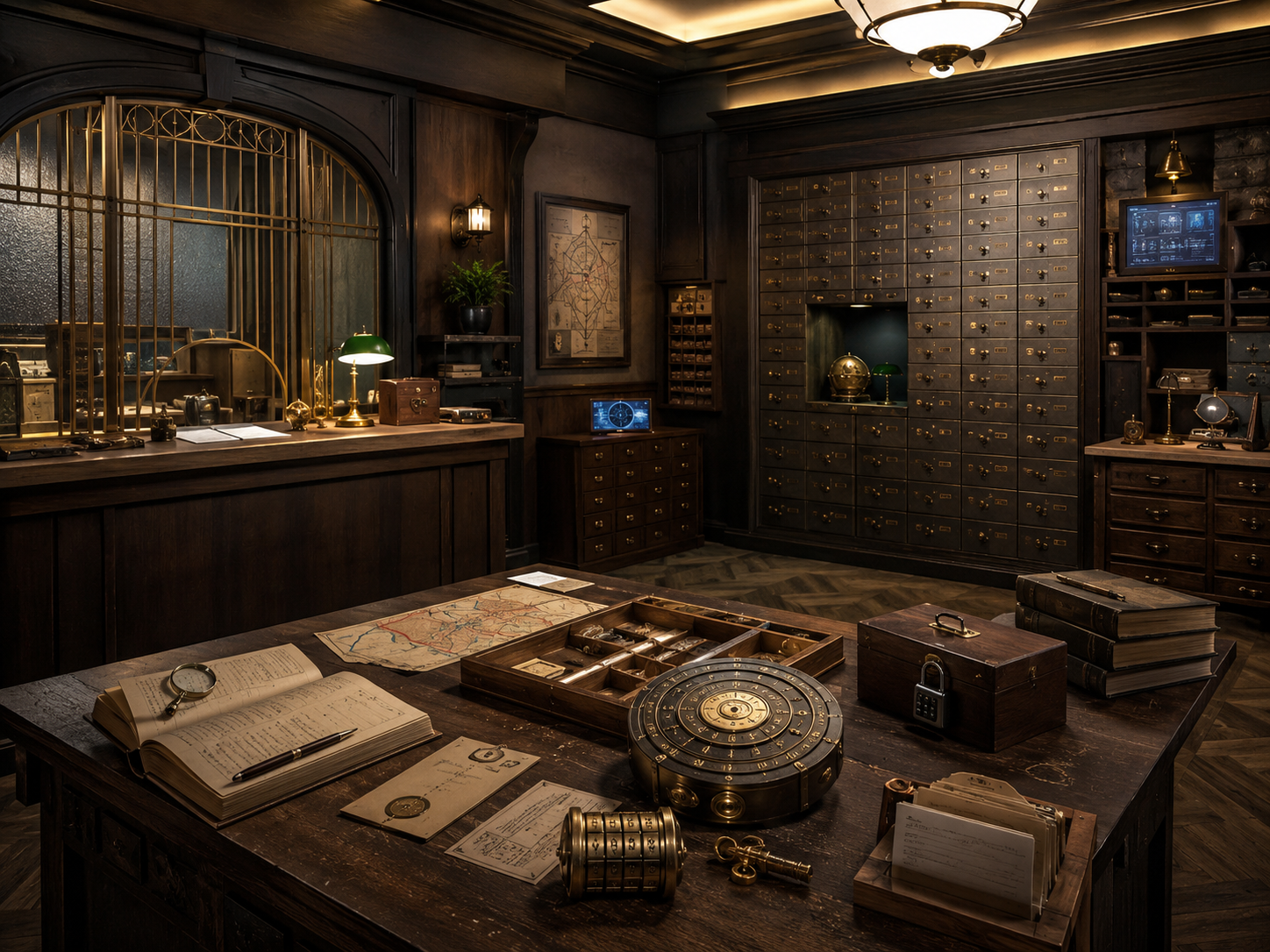 Concept rendering of a warm vault registry room with dark wood, brass details, ledgers, maps and premium puzzle objects.