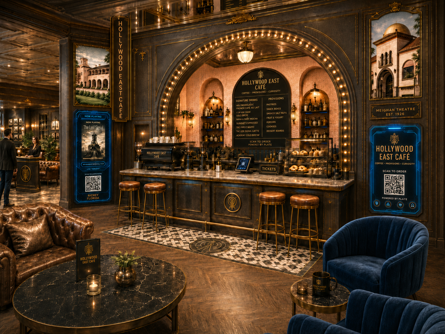 Conceptual Hollywood East Cafe interior with an illuminated arch, coffee counter, lounge seating, QR order displays, and historic New Port Richey references.