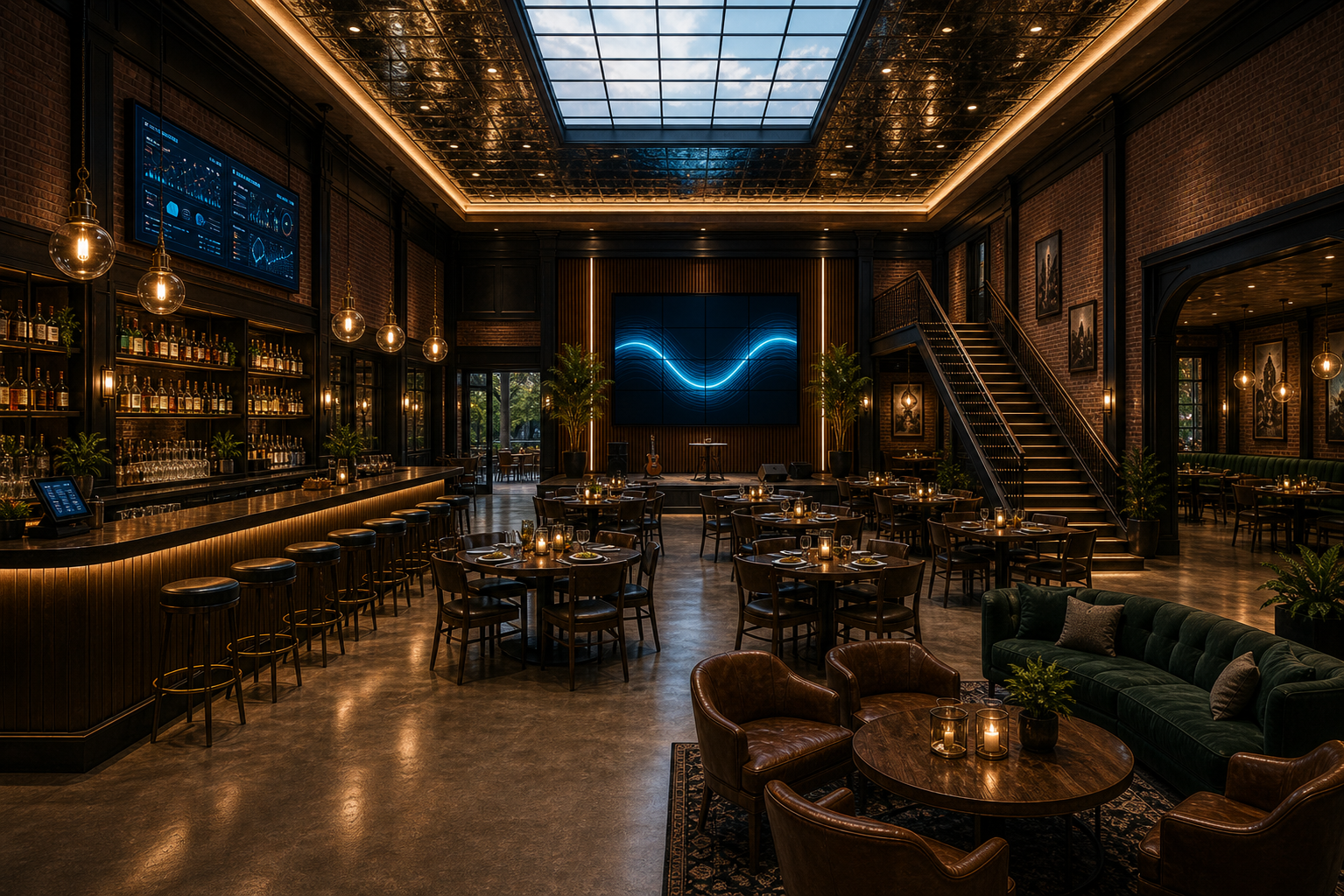 Conceptual Signal Hall interior with a tall tray ceiling, skylight, left-side bar, family dining tables, feature stair, and large screen wall.