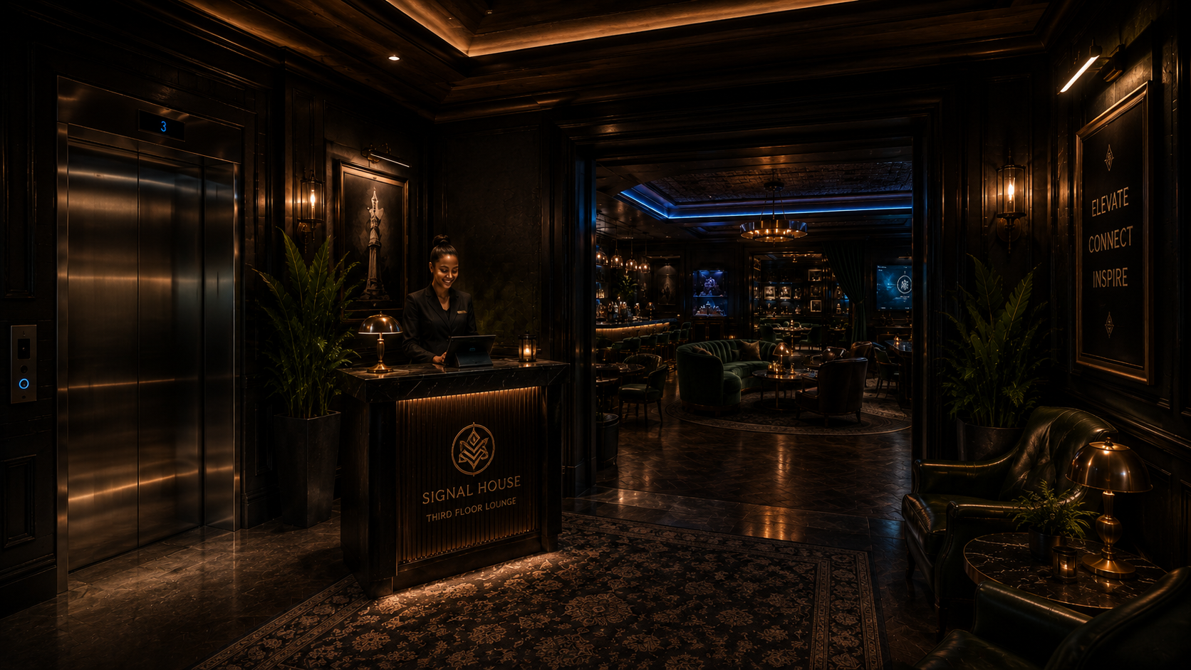 Conceptual Tower Lounge foyer with elevator, concierge desk, and view into the third-floor lounge.