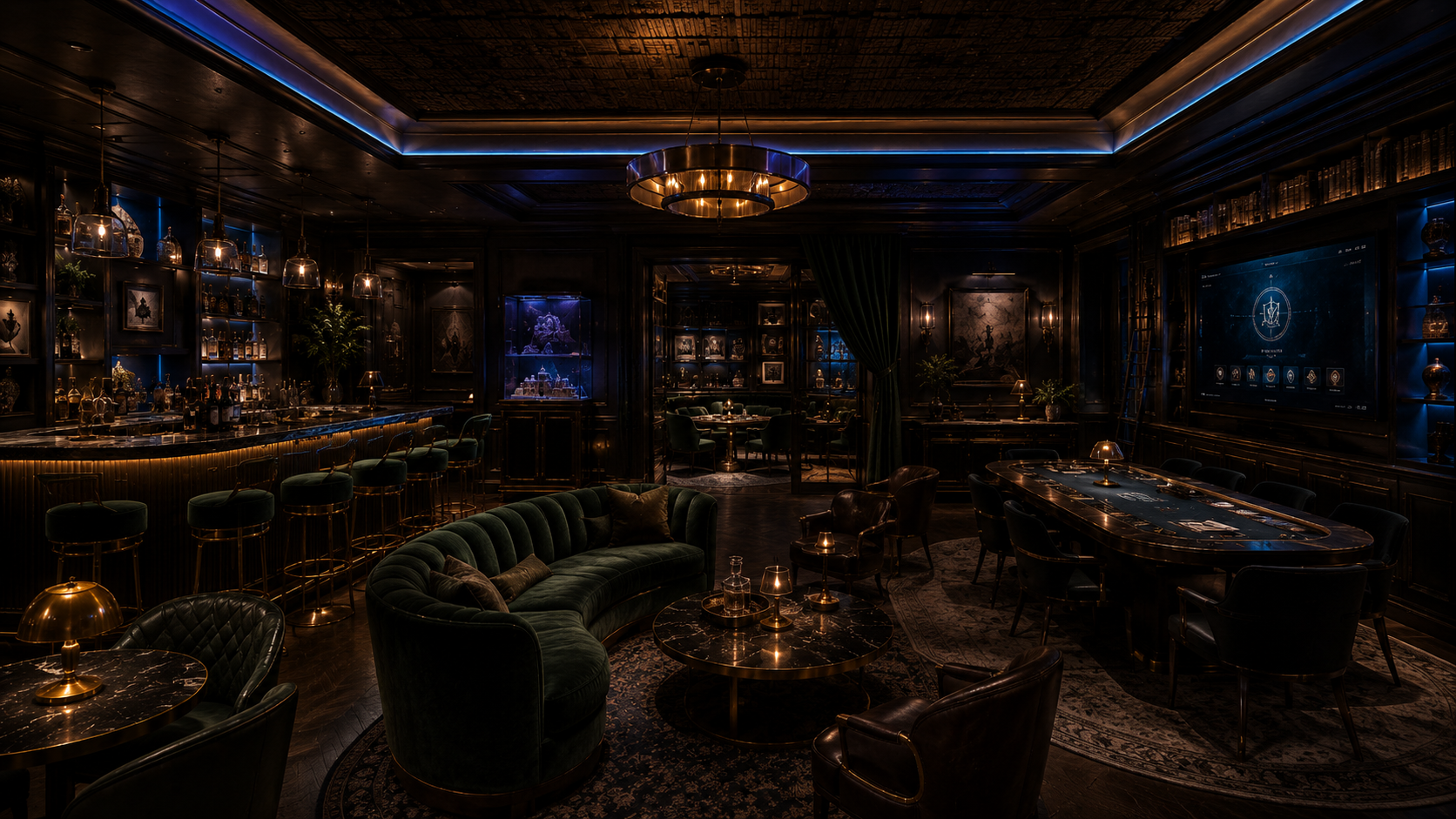 Conceptual Tower Lounge interior with dark wood, deep green seating, bar service, and a mystery game table.