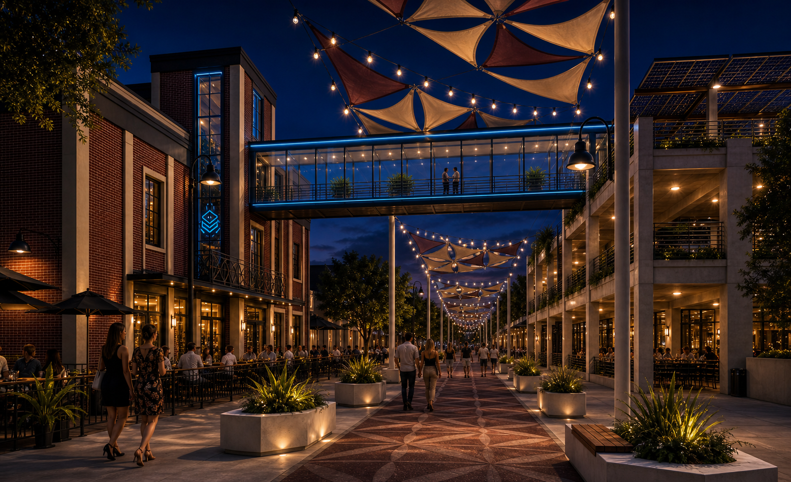 Night concept of the Signal House skyway connecting toward a parking structure.