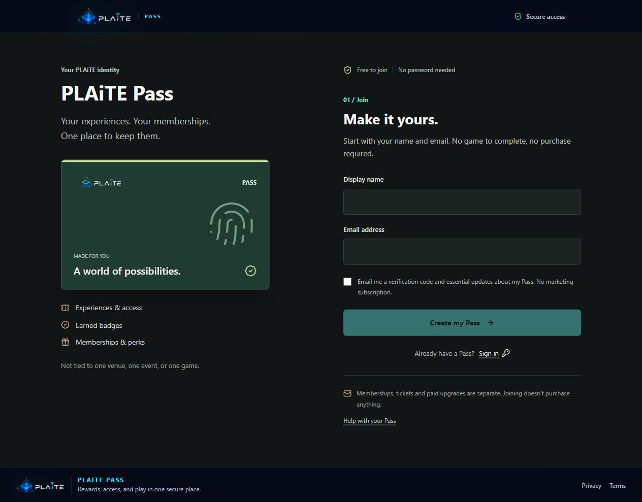 PLAiTE Pass signup using only display name and email, with no phone number or SMS checkbox