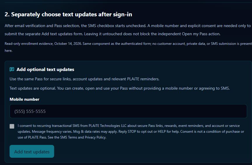 Same PLAiTE Pass SMS enrollment component shown read-only, with an unchecked SMS consent box and optional-service disclosures